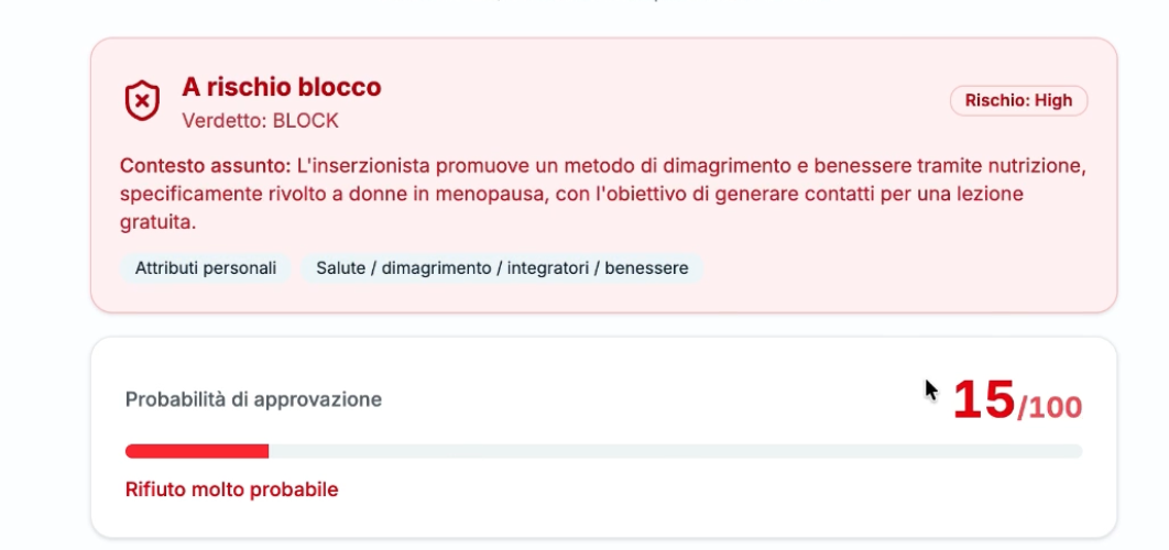 Referto Ad Guardian — Il verdetto, con la probabilità di approvazione.